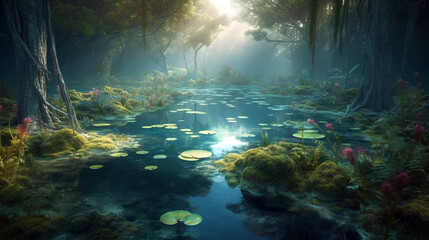 Fototapeta na wymiar fantasy pond in the forest magical forest. foggy fantasy forest with ponds. AI Generative