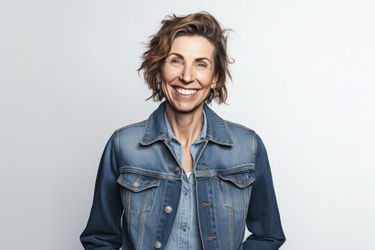 Medium Shot Portrait Photography Of A Pleased Woman In Her 40s Wearing A Denim Jacket Against A White Background. Generative AI