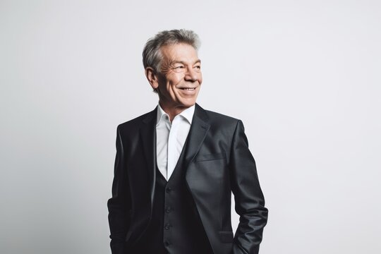 Lifestyle Portrait Photography Of A Pleased Man In His 50s Wearing A Sleek Suit Against A White Background. Generative AI