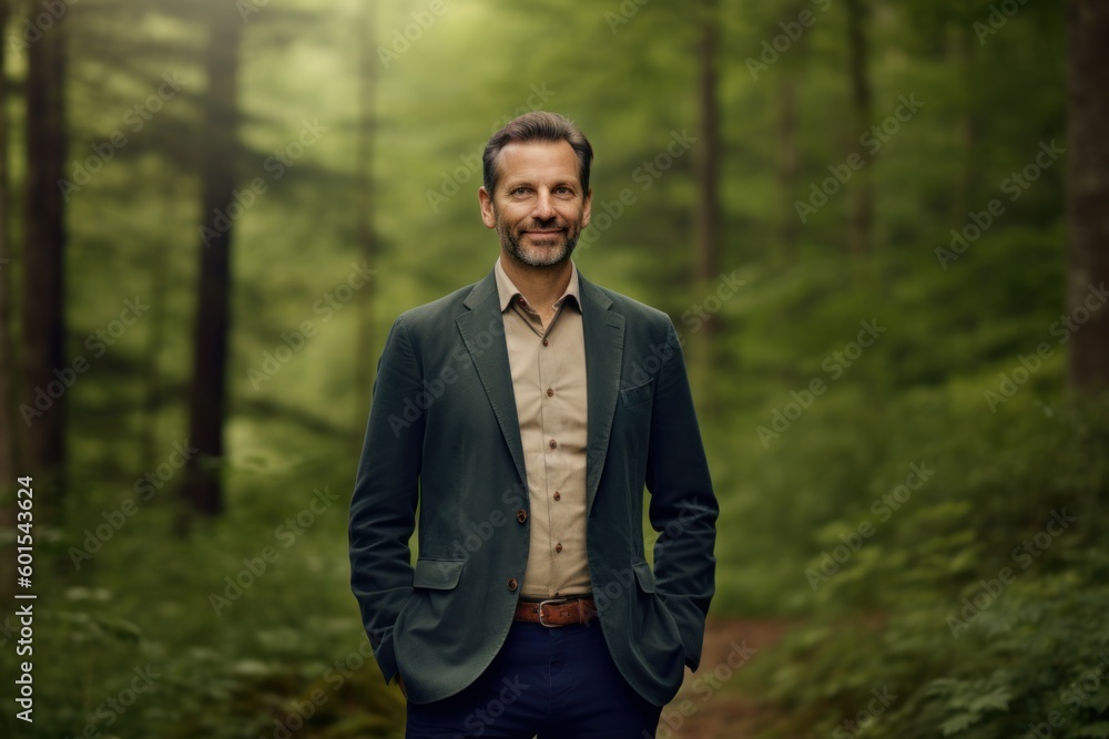 Wall mural Environmental portrait photography of a pleased man in his 40s wearing a classic blazer against a forest background. Generative AI