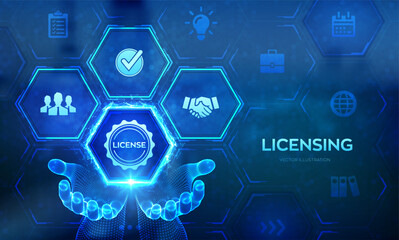 Licensing. License agreement concept in wireframe hands. Copyright protection law license property rights. Business technology concept on virtual screen. Vector illustration.