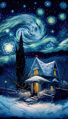 Small house surrounded by a snowstorm on a starry night. Reflects a romantic and cozy character. Generative AI