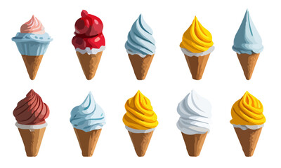 Realistic soft ice cream waffle cone set. Soft serve ice cream, 3d vector american sundae swirl in wafer cone or machine vanilla ice cream.