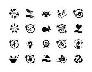 Fototapeta premium Ecofriendly black icons set. Natural and organic product, not tested on animals labels. Caring for nature, ecology and environment. Cartoon flat vector illustrations isolated on white background