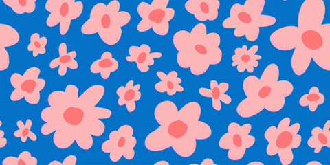 Cute pattern in small flower. Pink Sakura flowers, blossoming japanese cherry. Symbol of spring. Small colorful flowers. Blue background. Floral seamless pattern. Small cute simple spring flowers