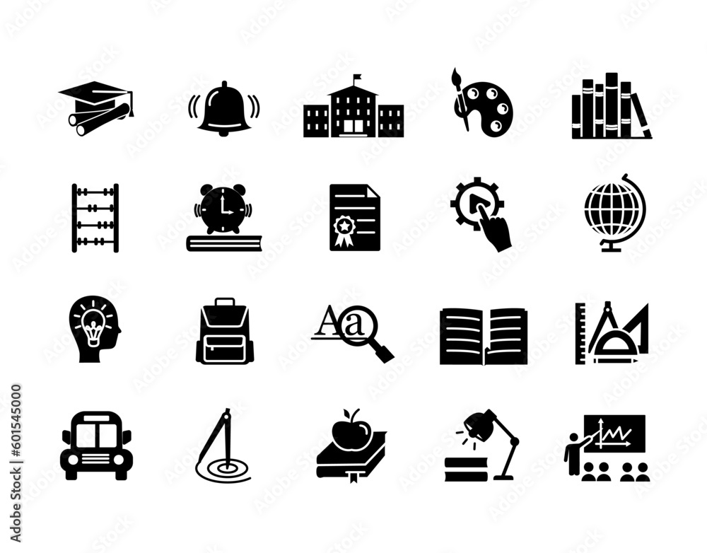Poster education black icons set. collection of graphic elements for website. self development, learning an
