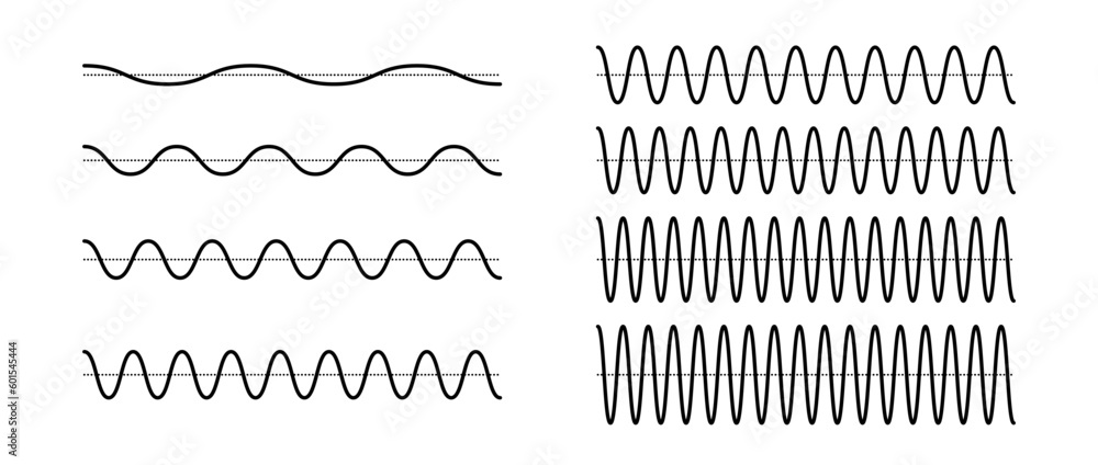 Poster Sinusoid signals set. Black curve sound waves collection. Voice or music audio concept. Pulsating lines. Electronic radio graphics with different frequency and amplitude. Vector bundle 