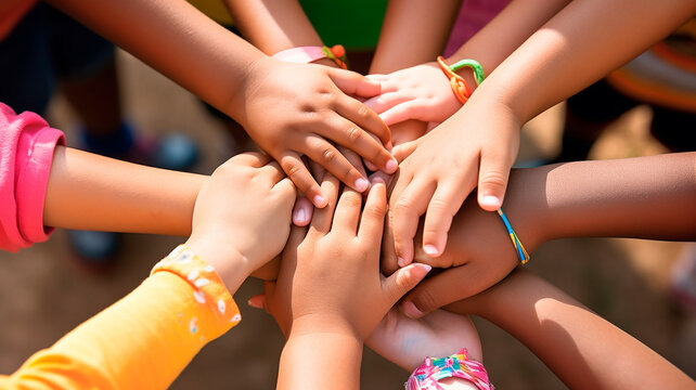 Children's hands together in a circle. concept of union, friendship, solidarity, peace. Generative AI