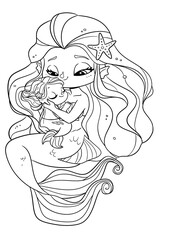 Beautiful mom and baby mermaid Coloring Page for kids and adults