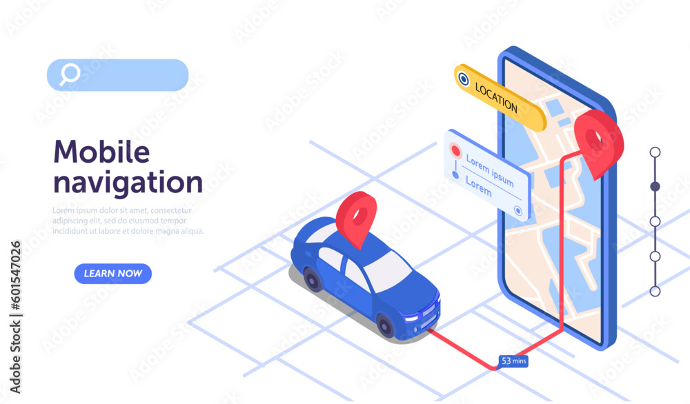 Poster mobile navigation concept. order tracking or taxi, carsharing and navigator. mobile app and smart ph