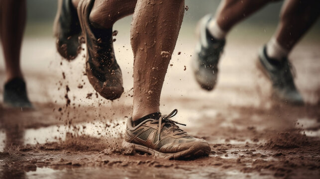 Group of close legged runners running on land by the sea at sunrise. Athletics in the mud. Image generated by AI.
