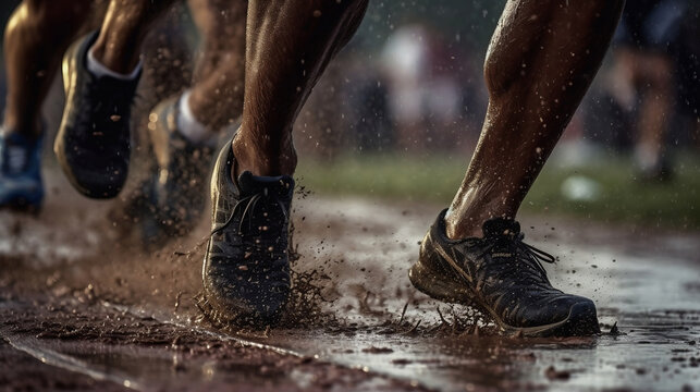 Group of close legged runners running on land by the sea at sunrise. Athletics in the mud. Image generated by AI.
