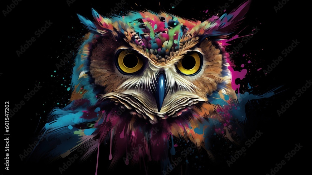 Poster a bird with eyes of golden and feathers of many different colors. generative ai