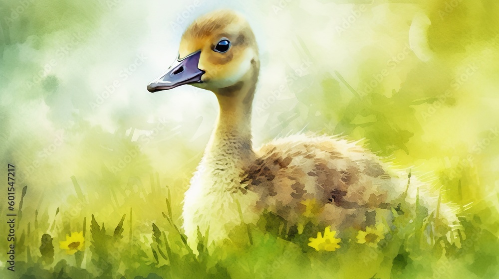 Poster a picture of a duck in a meadow with some grass around it generative ai