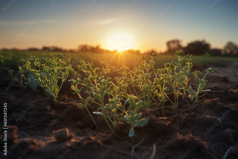 Poster large expanse of vegetation with the sun beginning to set in the backdrop generative ai