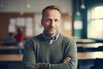 Portrait of confident mature man standing with arms crossed in university classroom