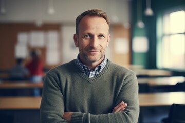 Obraz premium Portrait of confident mature man standing with arms crossed in university classroom