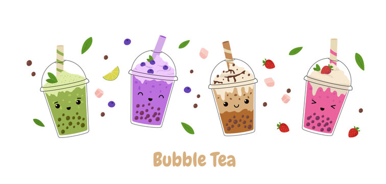 Kawaii bubble milk tea with tapioca pearls set. Asian Taiwanese beverage. Cartoon vector illustration.