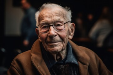 Portrait of an elderly man with glasses and a brown coat.