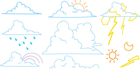  The weather is sunny, red, lots of clouds, thunder, lightning, rain. Vector illustration, line drawings.