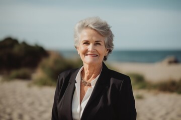Medium shot portrait photography of a pleased woman in her 60s wearing a sleek suit against a summer landscape or beach background. Generative AI