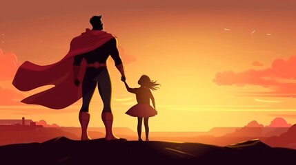 Super Hero Father and daughter playing in the park at sunset. People having fun on the field. Concept of friendly family and summer vacation.