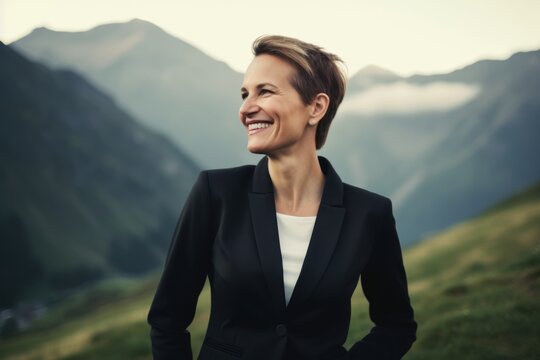 Medium shot portrait photography of a cheerful woman in her 40s wearing a sleek suit against a mountain landscape background. Generative AI
