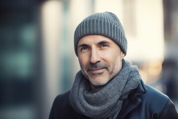 Portrait of a handsome middle-aged man in a hat and scarf