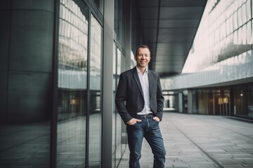 Fototapeta premium Portrait of a smiling businessman standing outside the office building and looking at camera