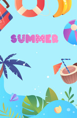 Summer symbols banner. Palm tree, suitcase and life buoy, swimsuit. Holidays in tropical and exotic countries, vacation. Template, layout and mock up. Cartoon flat vector illustration