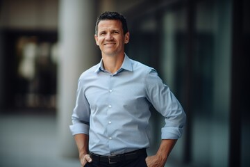 Fototapeta premium Portrait of a handsome middle-aged man in blue shirt.