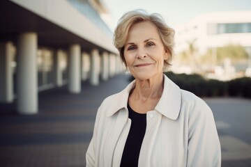 Portrait of smiling senior woman in white coat looking at camera outdoors