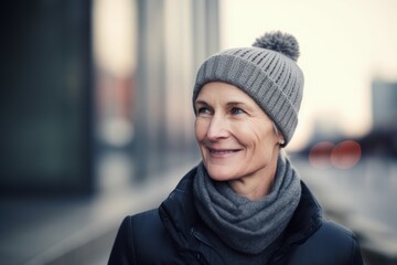 Portrait of a happy senior woman in winter hat on the street