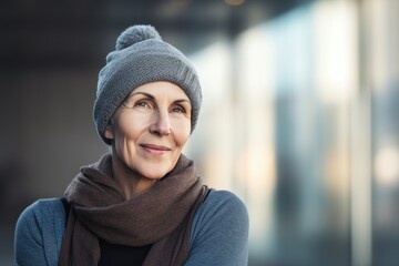 Lifestyle portrait photography of a satisfied woman in her 50s wearing a warm beanie or knit hat against a modern architectural background. Generative AI