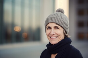 Portrait of a smiling middle aged woman in winter hat and scarf