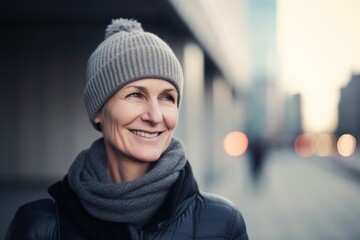 Portrait of a smiling middle-aged woman in a hat and scarf.