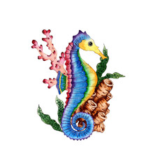 Watercolor illustration of a blue seahorse with corals and algae. Sea bottom. Composition for posters, greeting cards, banners, flyers, covers, posters and other printing products. Isolated on white 