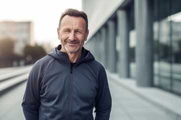 Portrait of smiling mature man in sportswear standing outdoors.