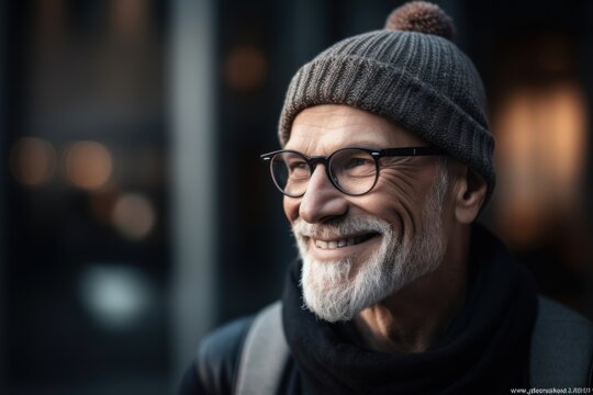Smiling senior man in eyeglasses and hat looking at camera