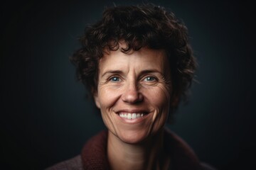 Portrait of a smiling middle-aged woman against a dark background