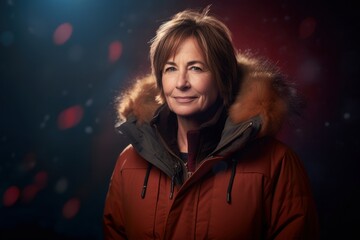 Mature woman in winter jacket on dark background with bokeh