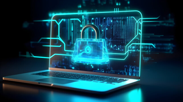 Internet security is the focus of this generative AI image, showing a laptop guarded by a digital padlock