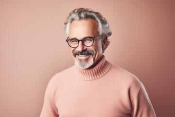Obraz premium Group portrait photography of a pleased man in his 60s wearing a cozy sweater against a pastel or soft colors background. Generative AI