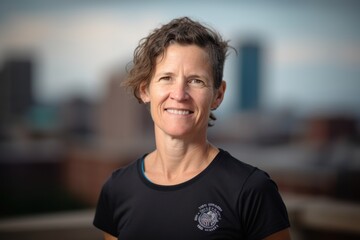 Fototapeta premium Portrait of a beautiful middle-aged woman in a black T-shirt and blue jeans smiling at the camera.