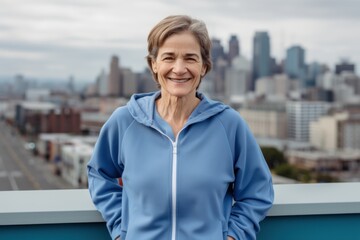 Portrait of smiling mature woman in sportswear standing on rooftop with New York city view