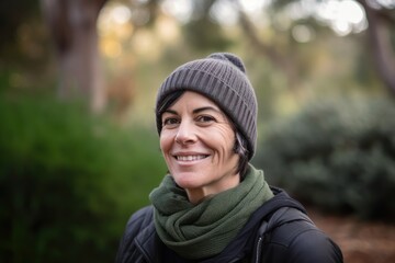 Portrait of smiling middle aged woman in winter hat and scarf outdoors