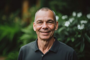 Portrait of smiling senior man standing in garden on a sunny day