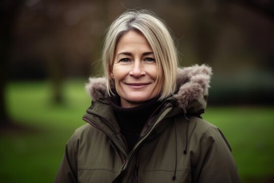 Medium shot portrait photography of a satisfied woman in her 40s wearing a warm parka against a garden or botanical background. Generative AI