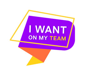 Join us sticker. Purple speech bubble in yellow rectangle with caption. Advertising, communication and marketing. Company recruitment and staff expansion. Cartoon flat vector illustration