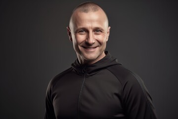 Fototapeta premium Portrait of a smiling bald man in a black sportswear.